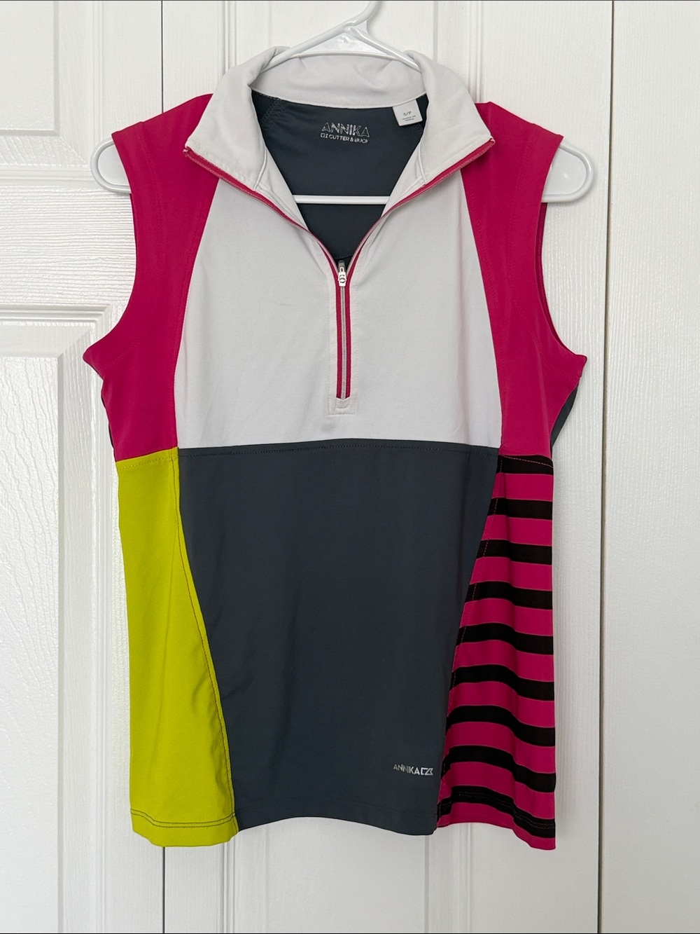 Cutter & Buck Annika Colorblock Sleeveless Golf Top in White, Pink & Charcoal
